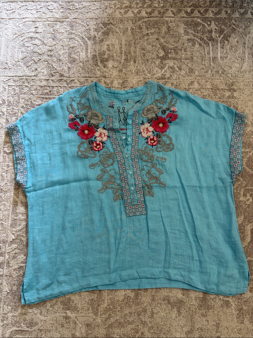 Johnny Was Turquoise Embroidered Floral Tunic Blouse NWOT